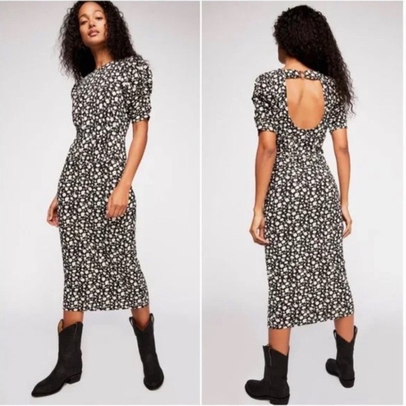 Free People Dresses & Skirts - Free People Rosie Stretch Knit Floral Puff Sleeve Cutout Midi Dress. Size M